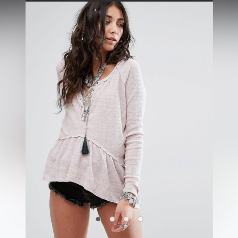 Free People Coastline Peplum Long Sleeve Thermal Top in Light Pink, Small